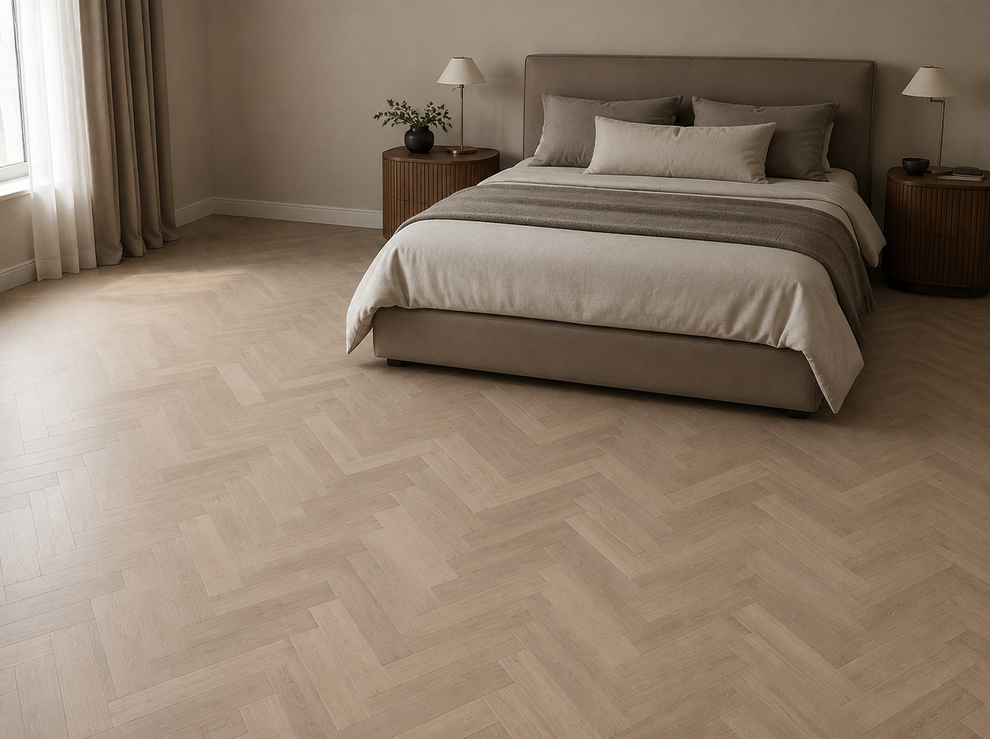 Esbjerg smoked oak herringbone laminate in a sophisticated bedroom