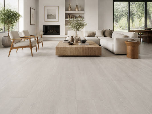 Nasa Galileo Light Grey Straight SPC in a furnished room