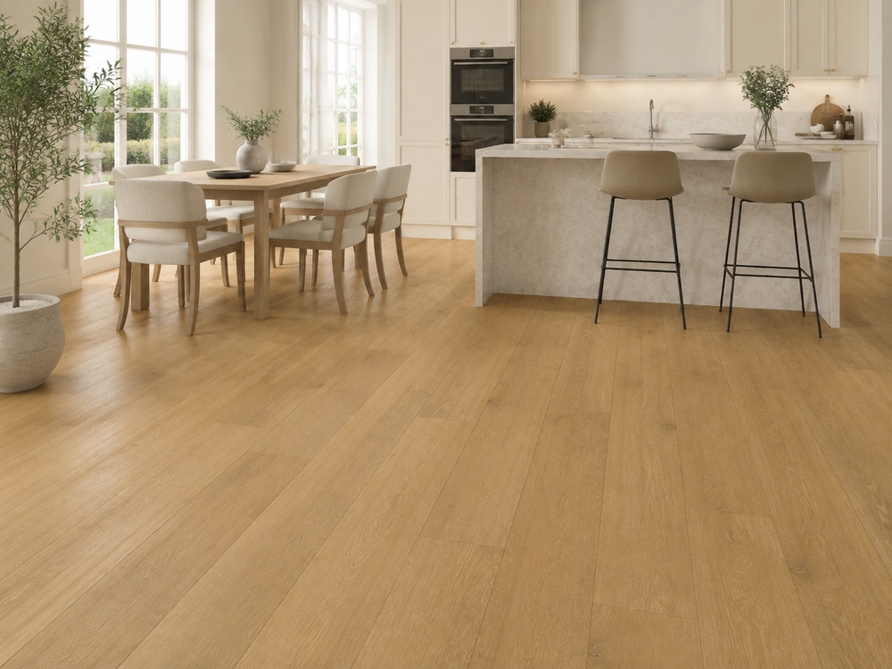 Nasa Honey Oak Straight SPC in a furnished room