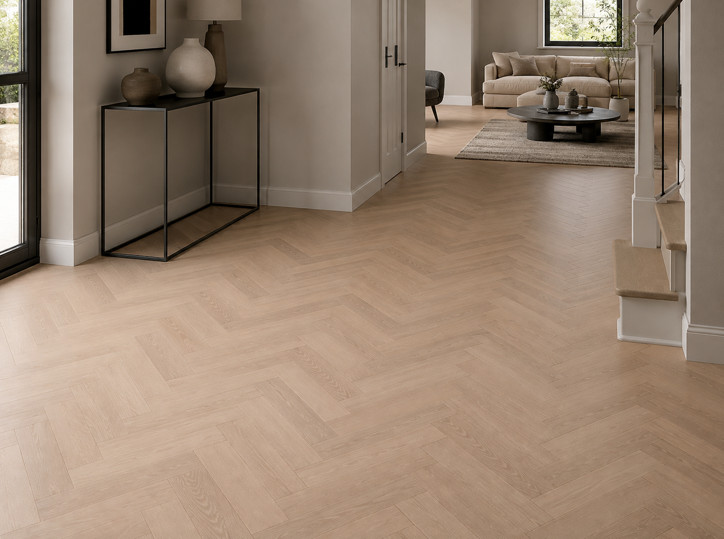 Esbjerg smoked oak herringbone laminate in a contemporary hallway