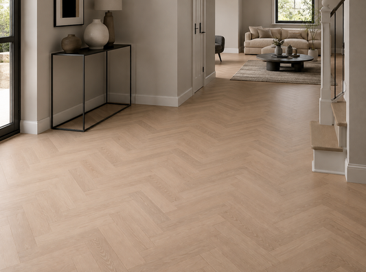 Esbjerg smoked oak herringbone laminate in a contemporary hallway