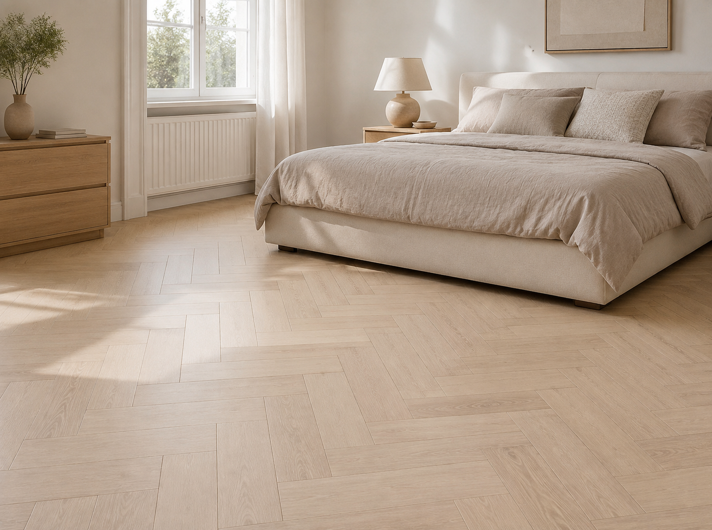 Halmstad pale oak herringbone laminate in a modern bedroom