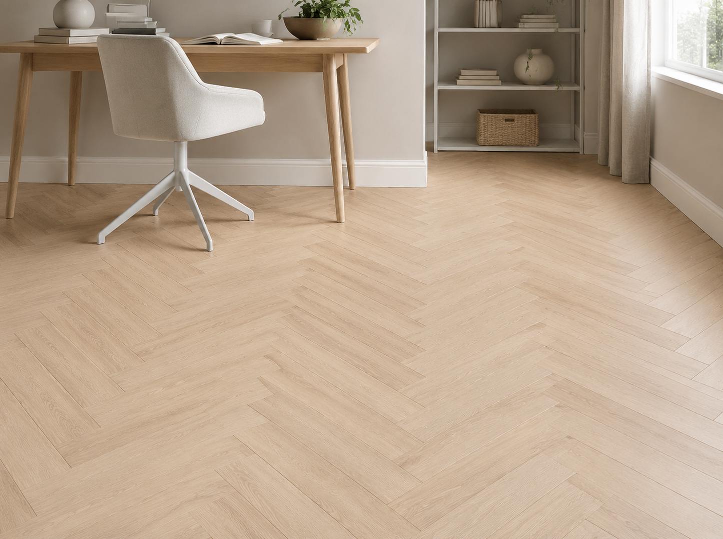 Halmstad pale oak herringbone laminate in a contemporary home office