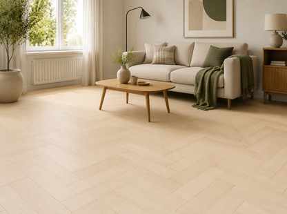 Kalmar light oak herringbone laminate in a contemporary living room
