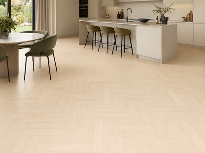 Kalmar light oak herringbone laminate in a modern kitchen diner