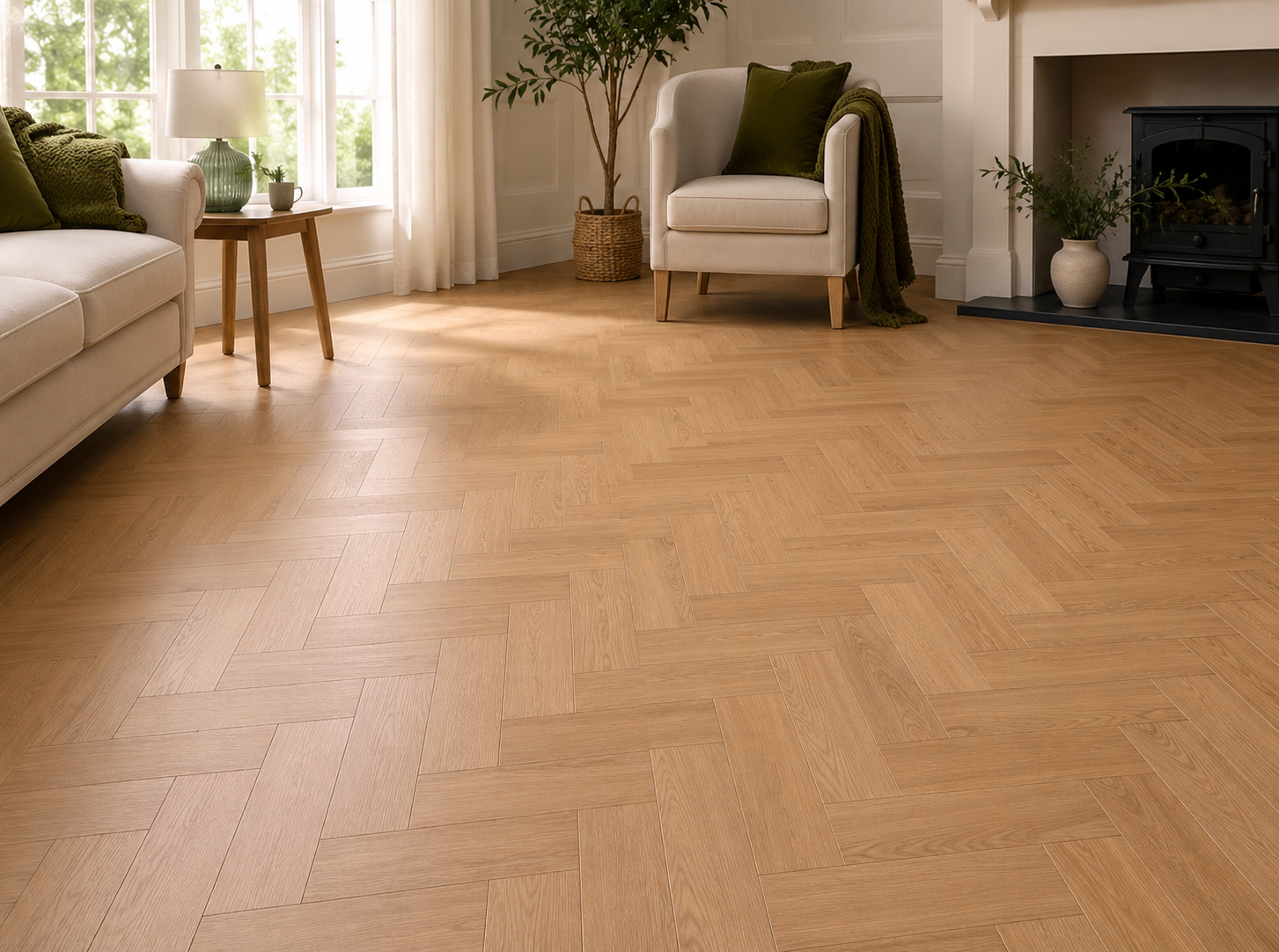 Odense natural oak herringbone laminate in an elegant living room