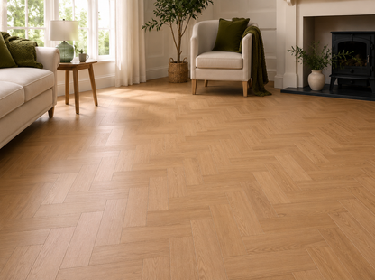 Odense natural oak herringbone laminate in an elegant living room