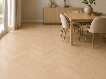 Viborg light beige herringbone laminate in a Scandinavian dining room