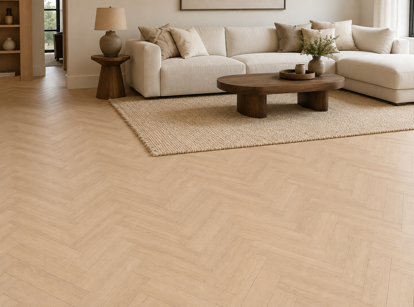 Viborg light beige herringbone laminate in a neutral living room