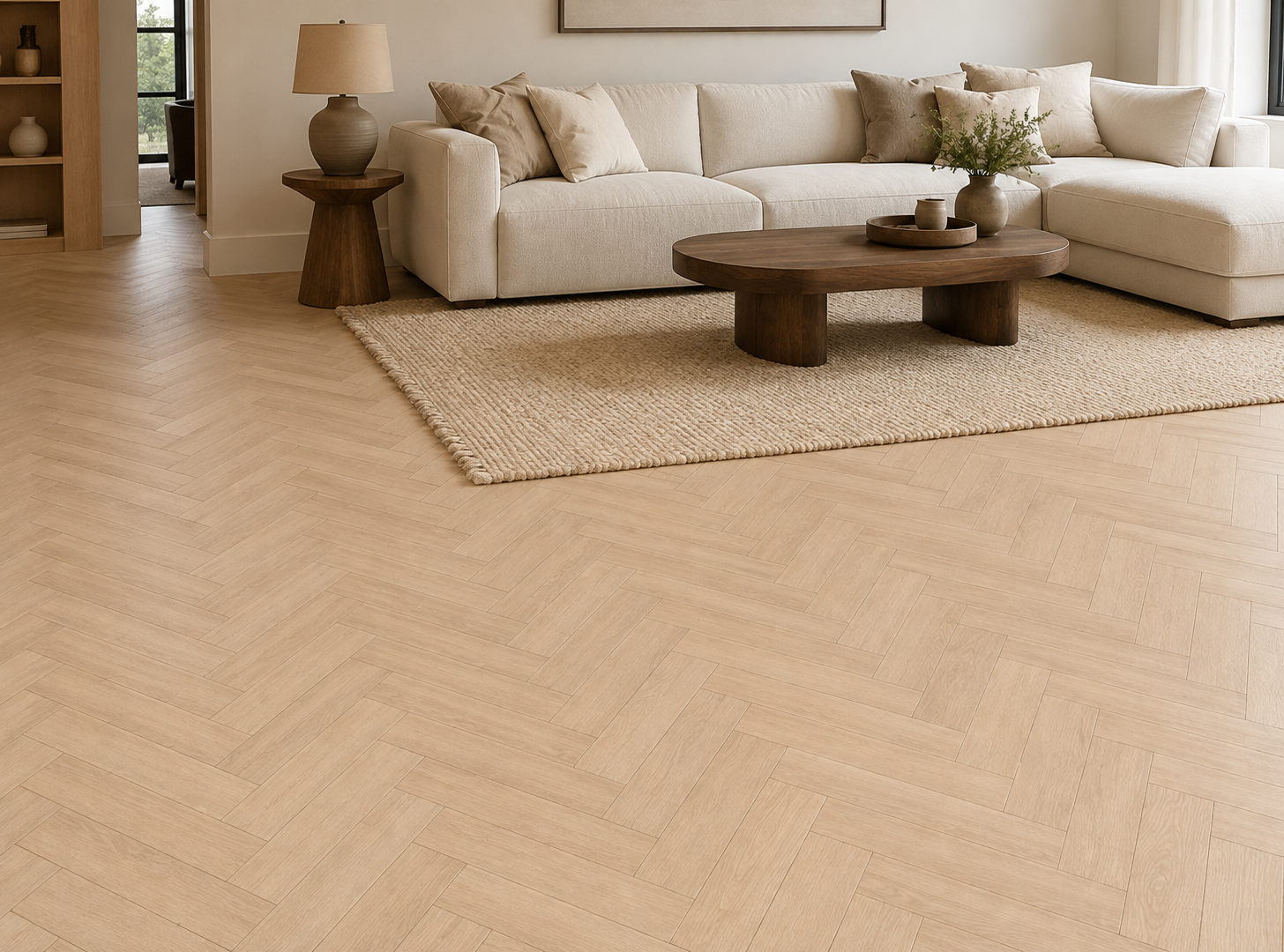 Viborg light beige herringbone laminate in a neutral living room