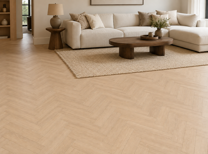Viborg light beige herringbone laminate in a neutral living room